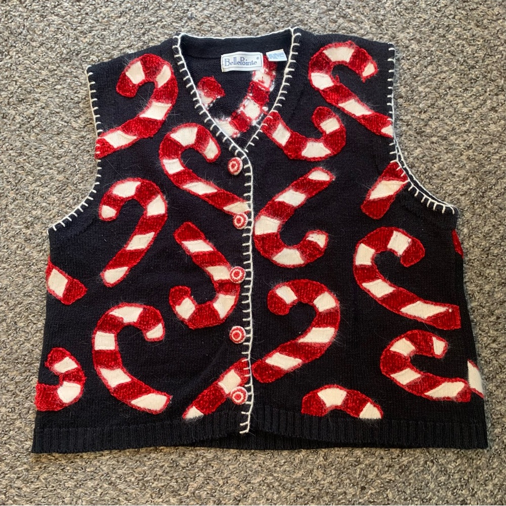 Belle Pointe VTG Ramie Button Front Embellished Candy Cane Christmas Vest - Picture 8 of 15